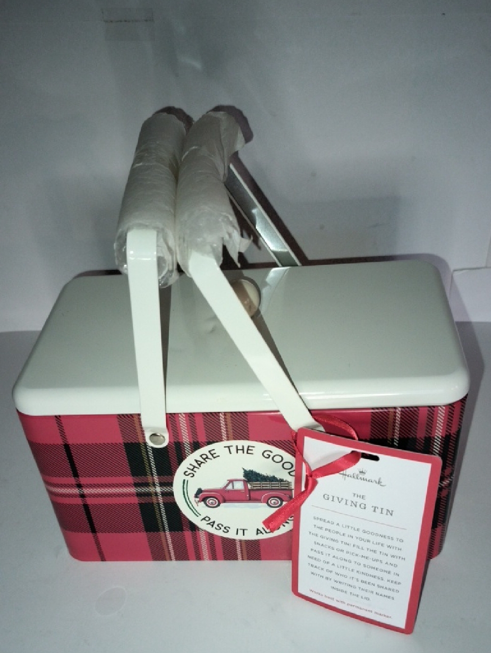 Hallmark Red and Black Plaid Giving Tin with White Lid NWT
